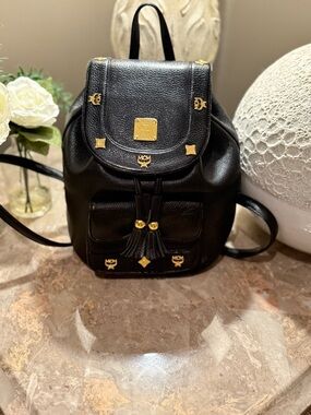 MCM Black Leather Visetos Mini Backpack with Gold Accents